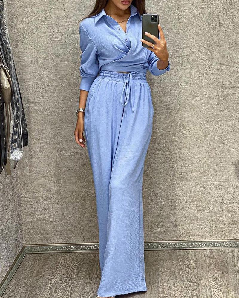 

Button Design Top & Wide Leg Drawstring Pants Set, Blue