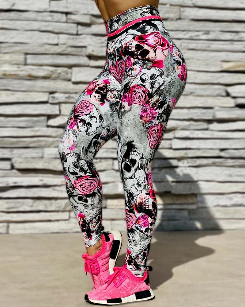 

Skull Floral Print Skinny Leggings, Hot pink