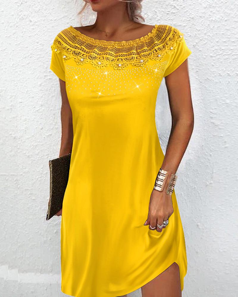 

Contrast Lace Beaded Decor Casual Dress, Yellow