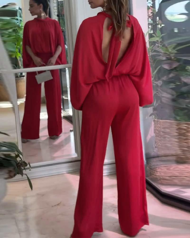 

Conjunto de blusa com decote em O e calças retas com detalhes amarrados, Red