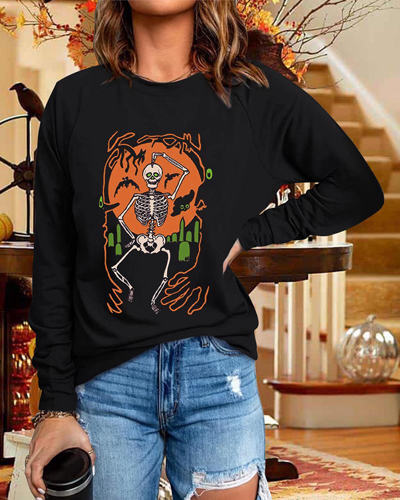 

Halloween Graphic Print Long Sleeve Sweatshirt, Black