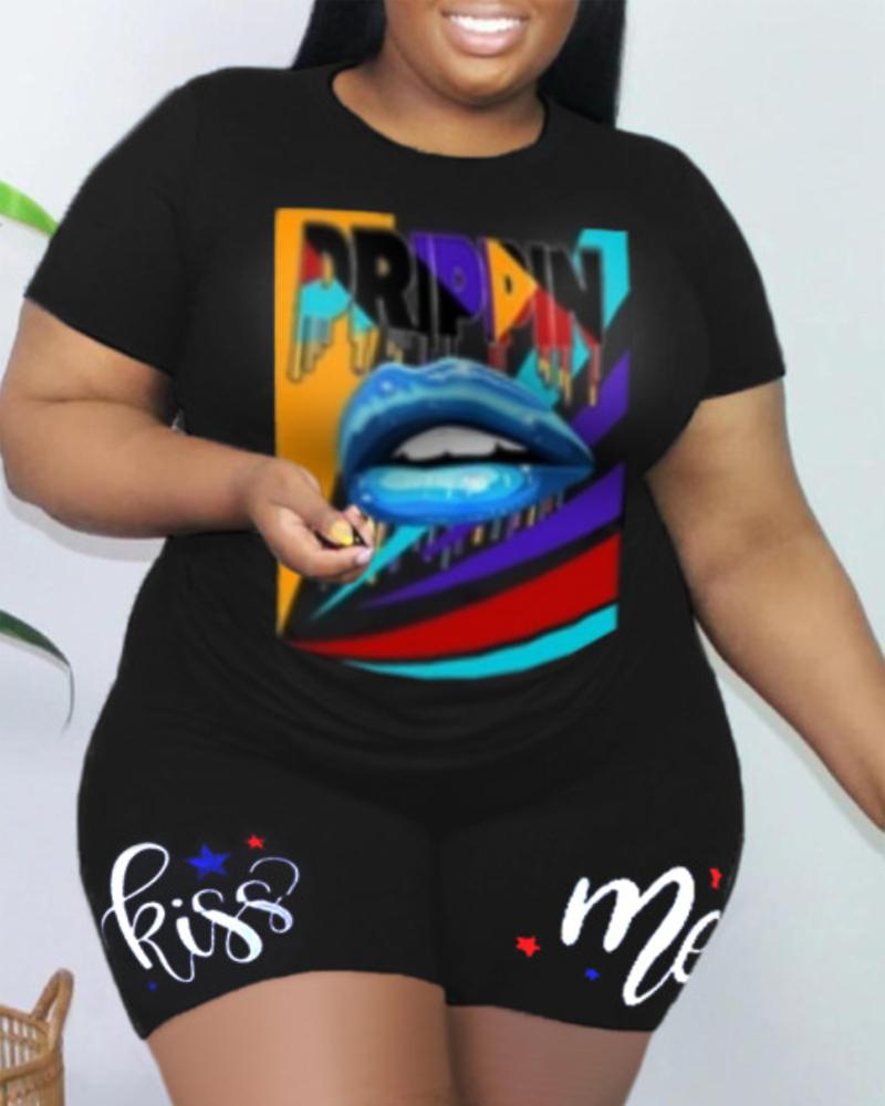 

Plus Size Lip Letter Print Casual Top & Shorts Set, Black