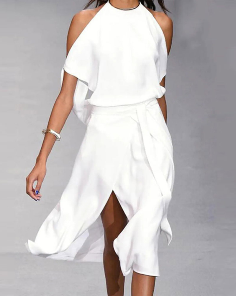 

Cold Shoulder Split Thigh Belted Casual Dress, White