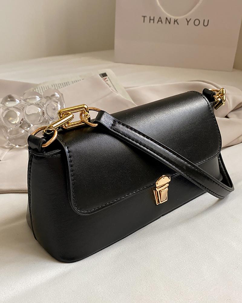 

Push Lock Chain Baguette Handbag, Black