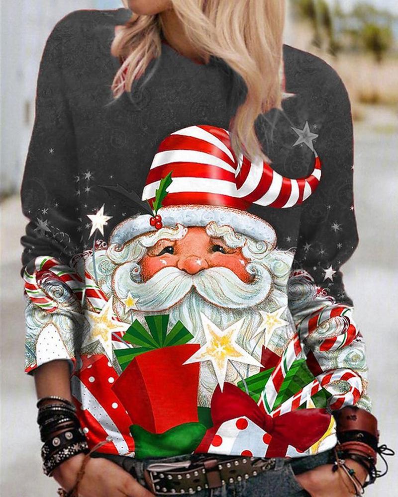 

Christmas Santa Gift Print Round Neck Top, Gray