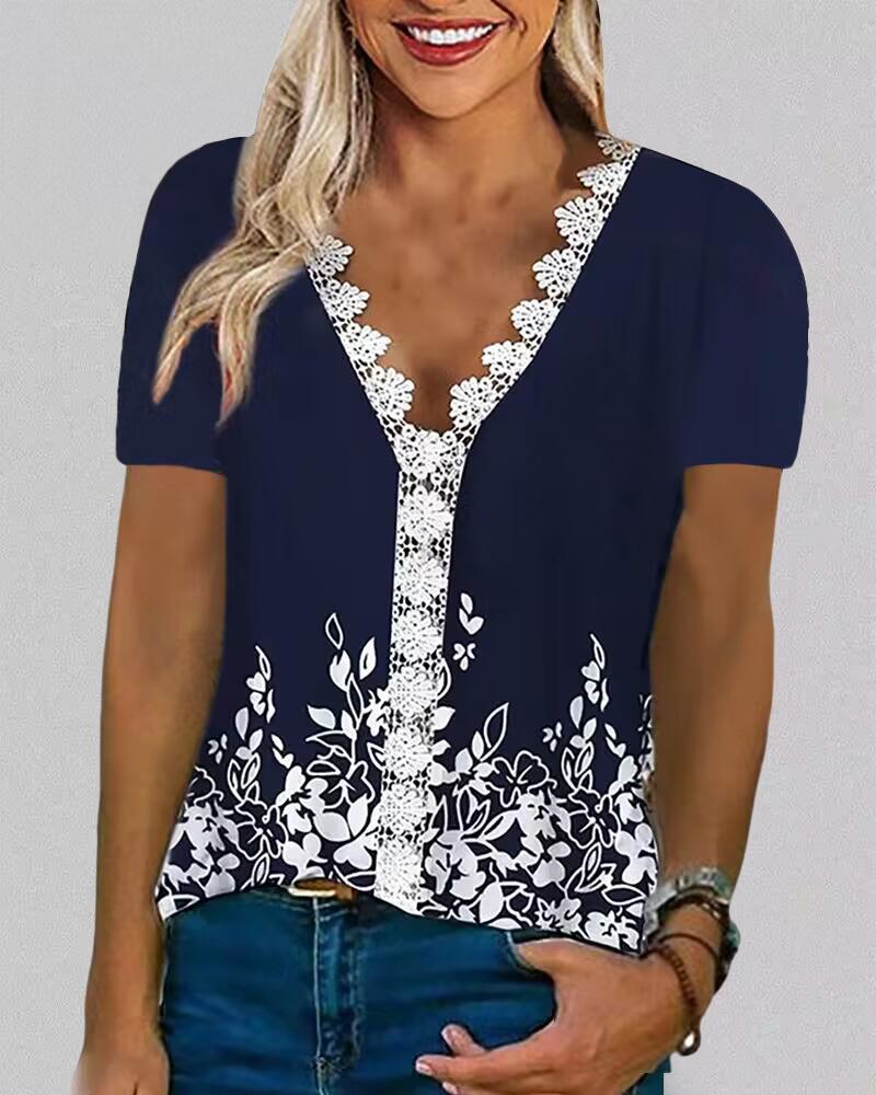 

Plants Print Contrast Lace Casual T-shirt, Blue