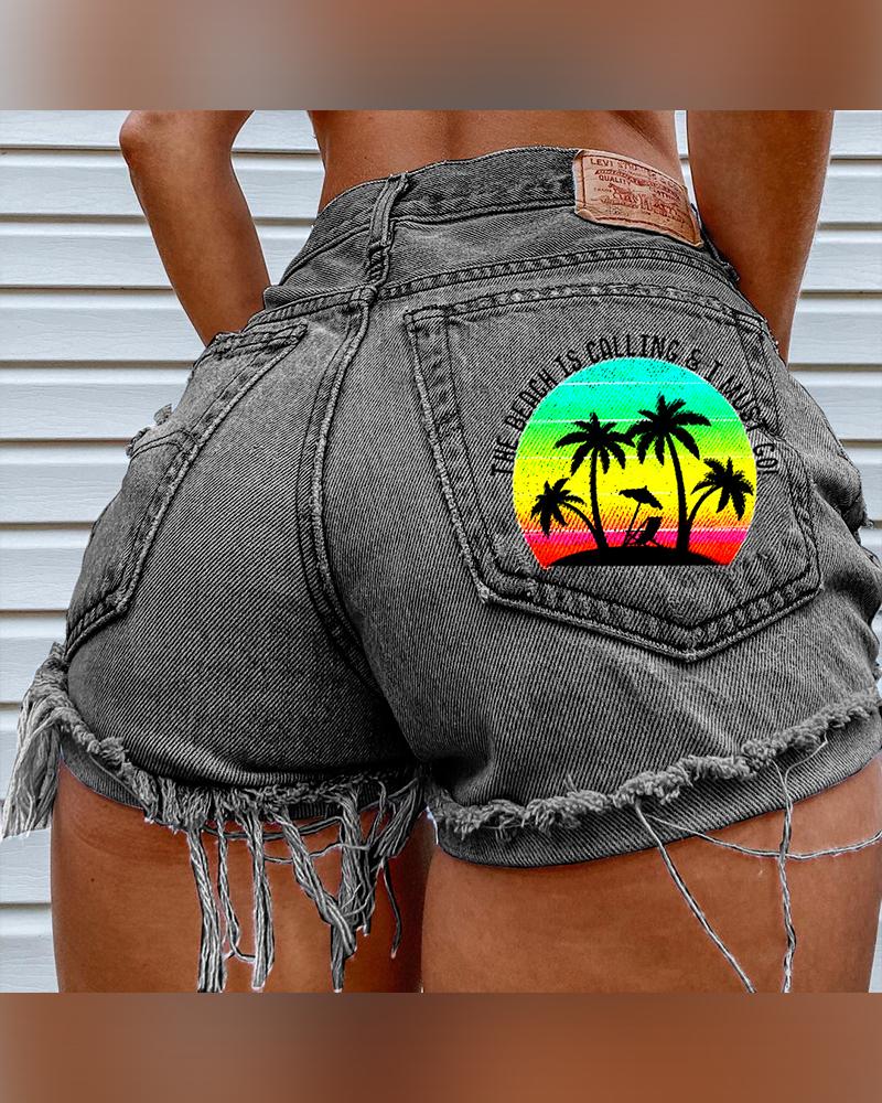 

Solid Color Splicing Coconut Tree Print Denim Short Pants, Gray