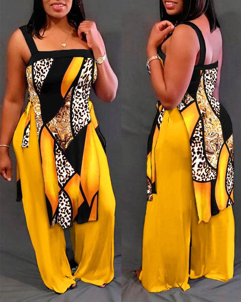 

Baroque Leopard Print Slit Asymmetrical Top & Wide Leg Pants Set, Yellow