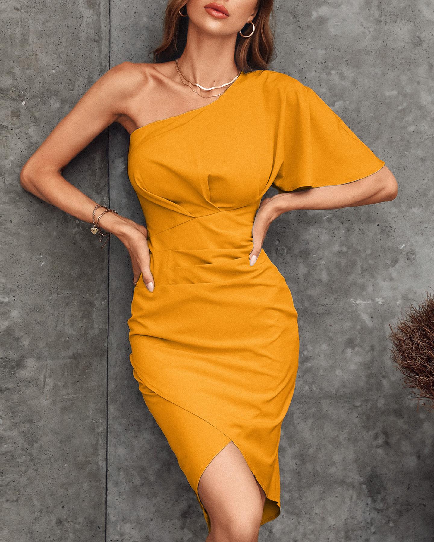 

One Shoulder Ruched Bell Sleeve Dress, Yellow