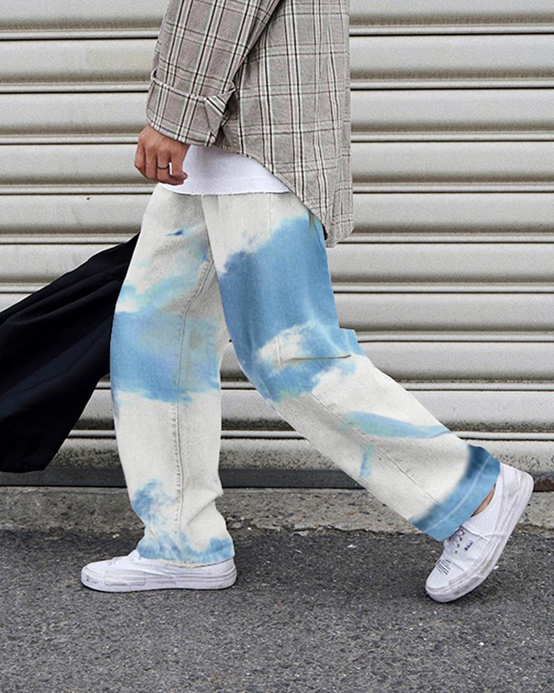 

Sky Print Gradient Loose Pants, Blue&white