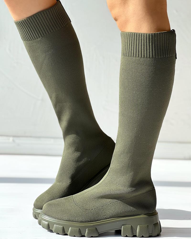 

Knit Round Toe Calf Boots, Army green