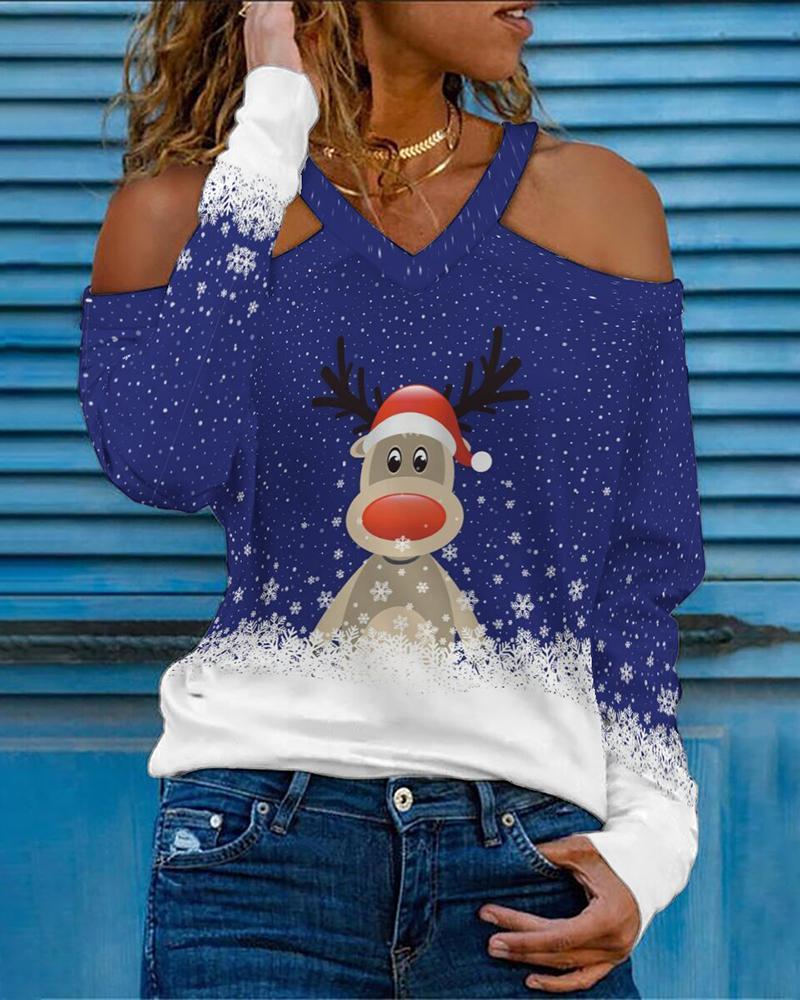 

Christmas Cold Shoulder Snowflake Elk Print Top, Dark blue