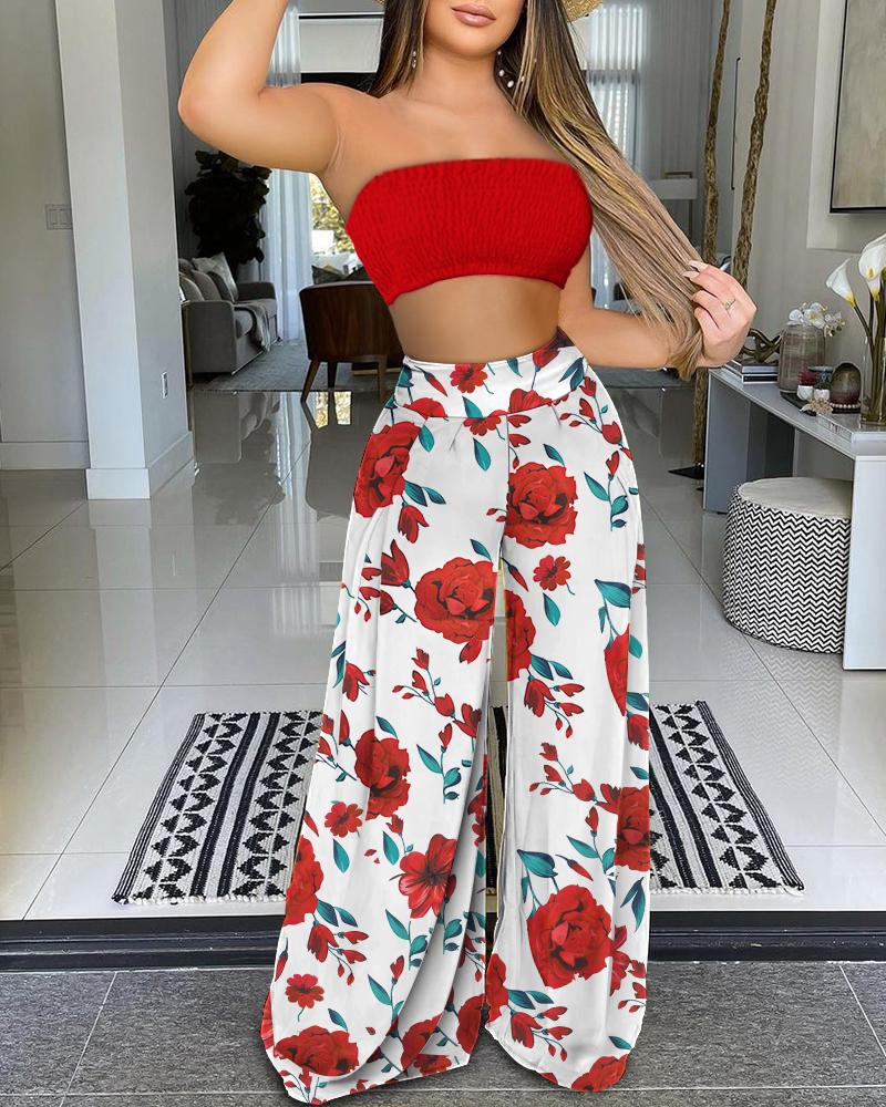 

Printed Floral Patchwork Top & Wide Leg Pants Set, Red