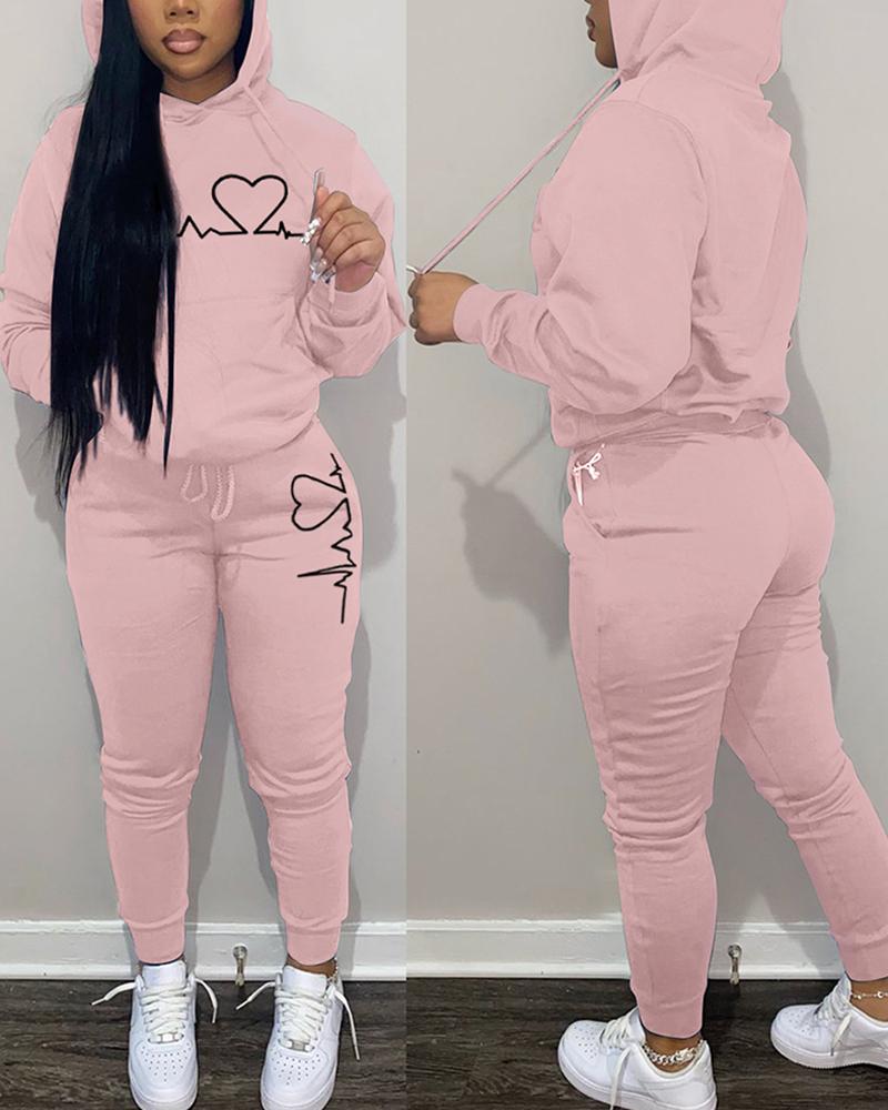 

Heart Print Pocket Design Hoodie & Pants Set, Pink