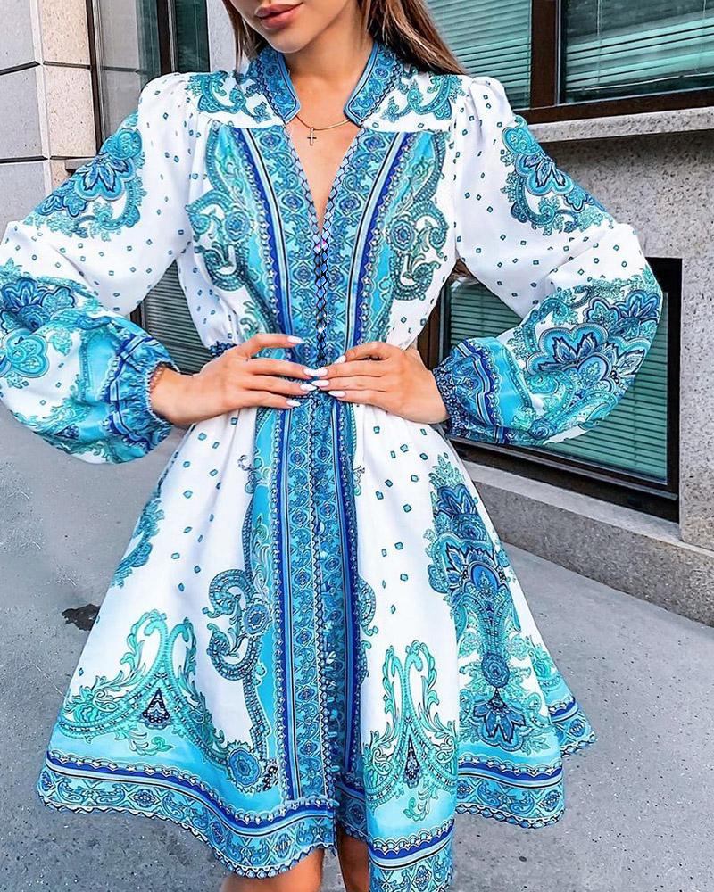 

Graphic Print Lantern Sleeve Button Front Dress, Blue
