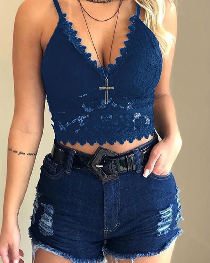 

Lace Hollow Out Spaghetti Strap Top, Dark blue