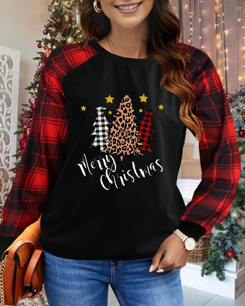 

Christmas Tree Plaid Print Long Sleeve Top, Black