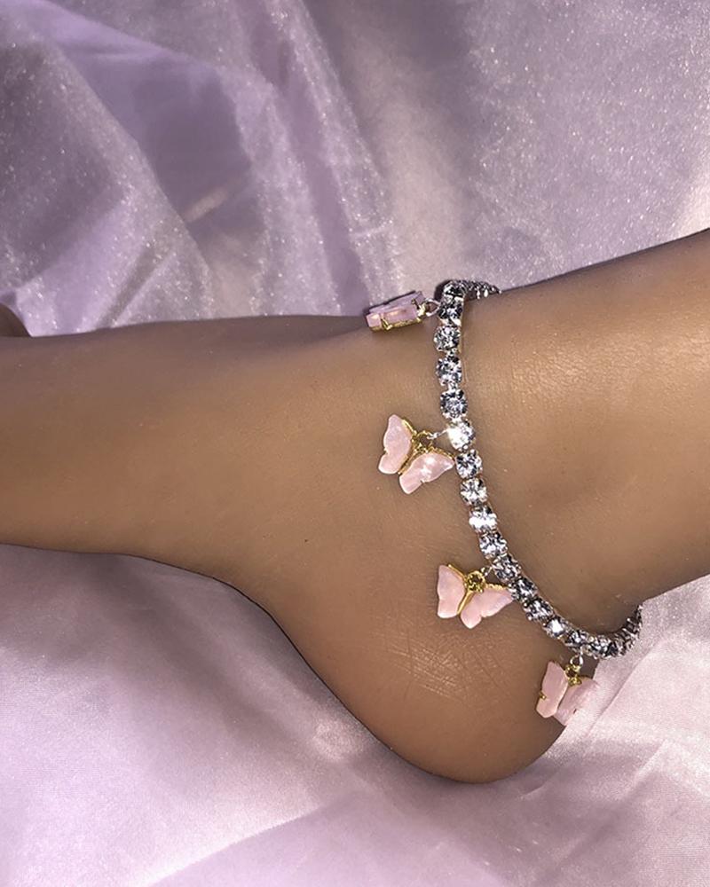 

Butterfly Pattern Studded Charm Anklet, Pink