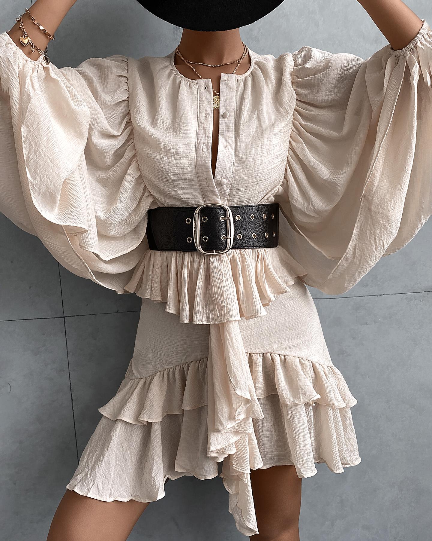 

Lantern Sleeve Ruffles Button Design Dress, White