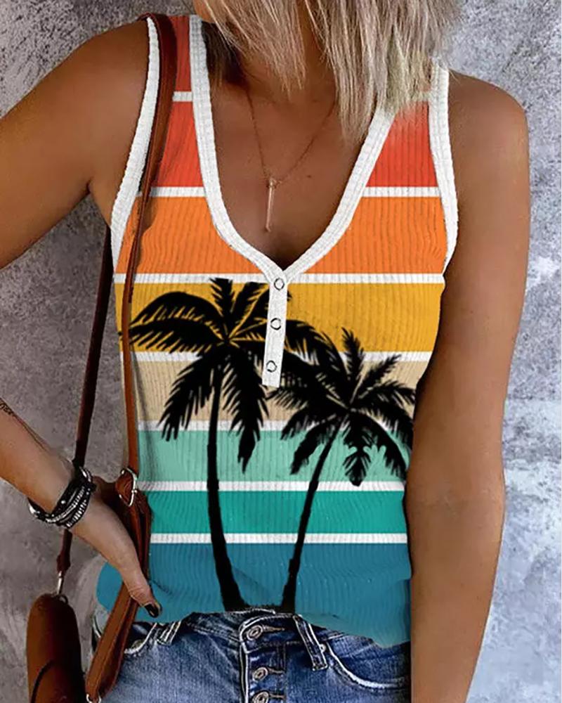 

Contrast Binding Tropical Print Tank Top, Multicolor