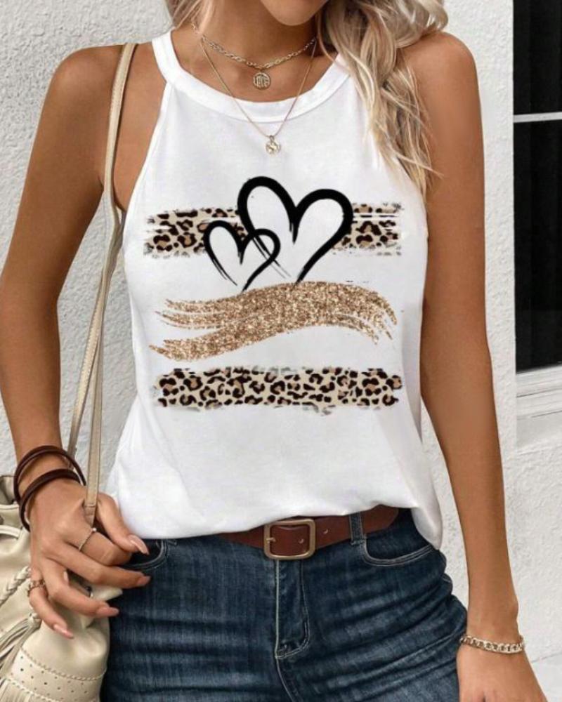 

Leopard Print Heart Pattern Heart Sleeveless Tank Casual Loose Fit Top, White