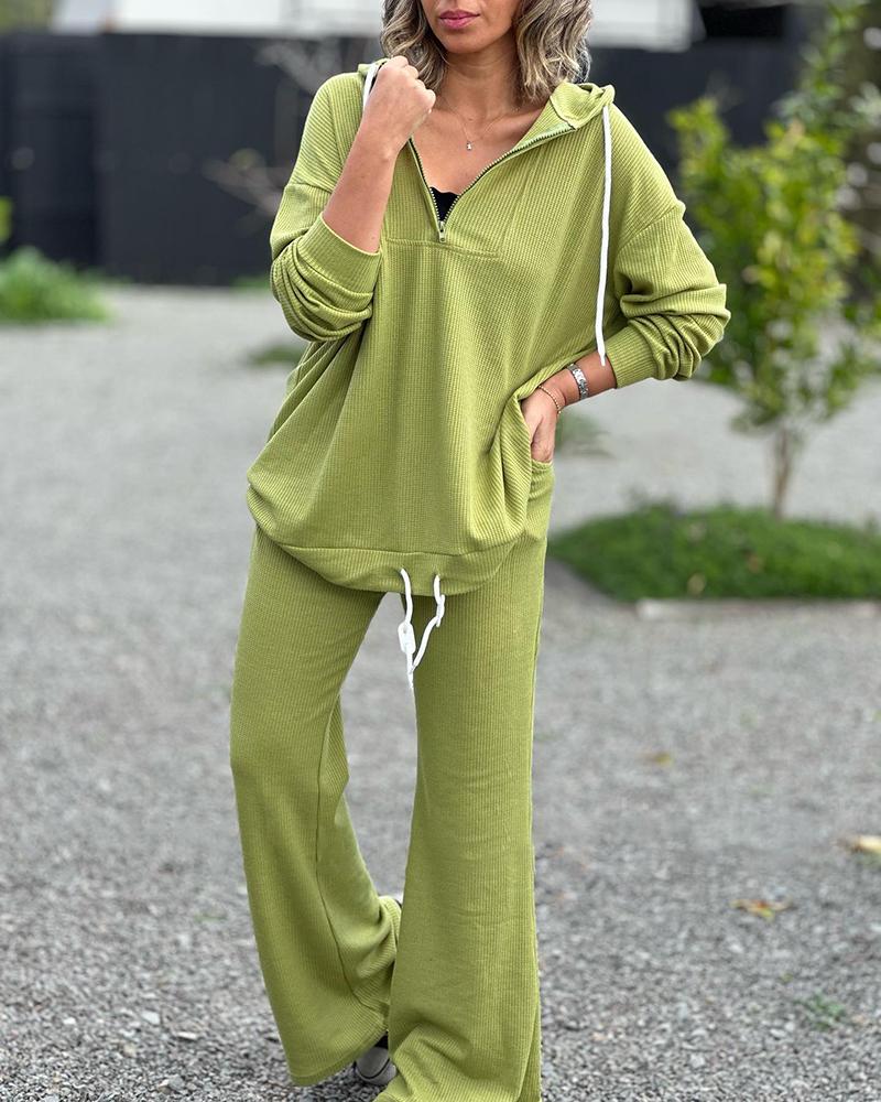 

Zipper Design Hooded Top & Flared Pants Set, Light green