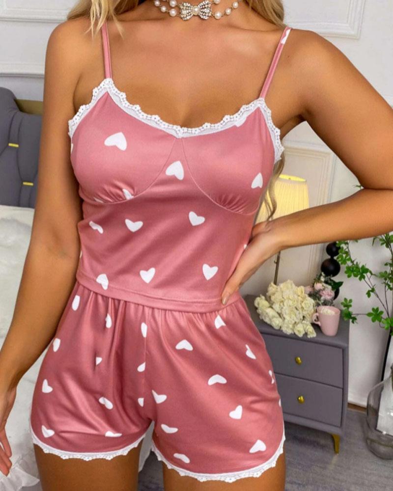 

Heart Print Lace Trim Cami Set, Pink