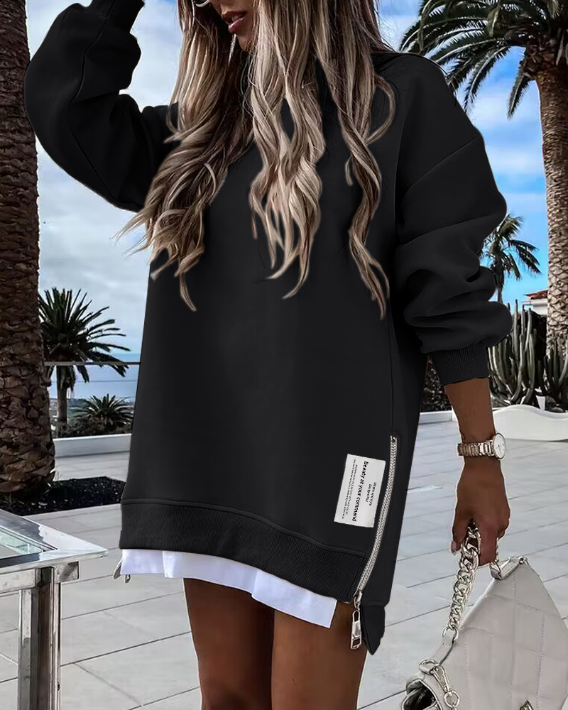 

Long Sleeve Pullover Sweatshirt Zipper Slit Casual Dress, Black