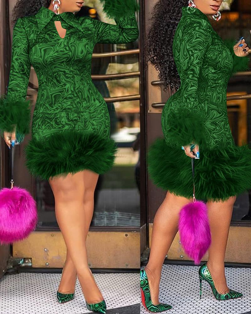 

Plus Size Abstract Print Fuzzy Trim Party Dress, Green