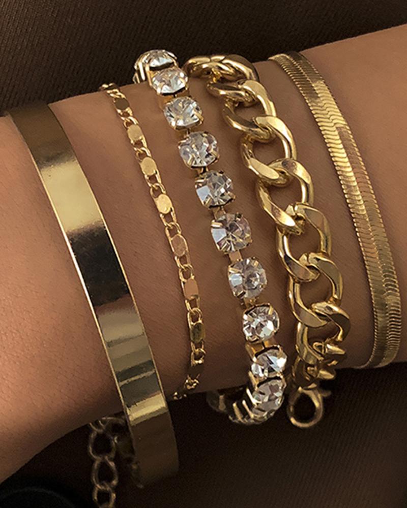 

5pcs Women's Fashion Gorgeous Faux Diamond Geometric Cutout Bracelets Set, Gold