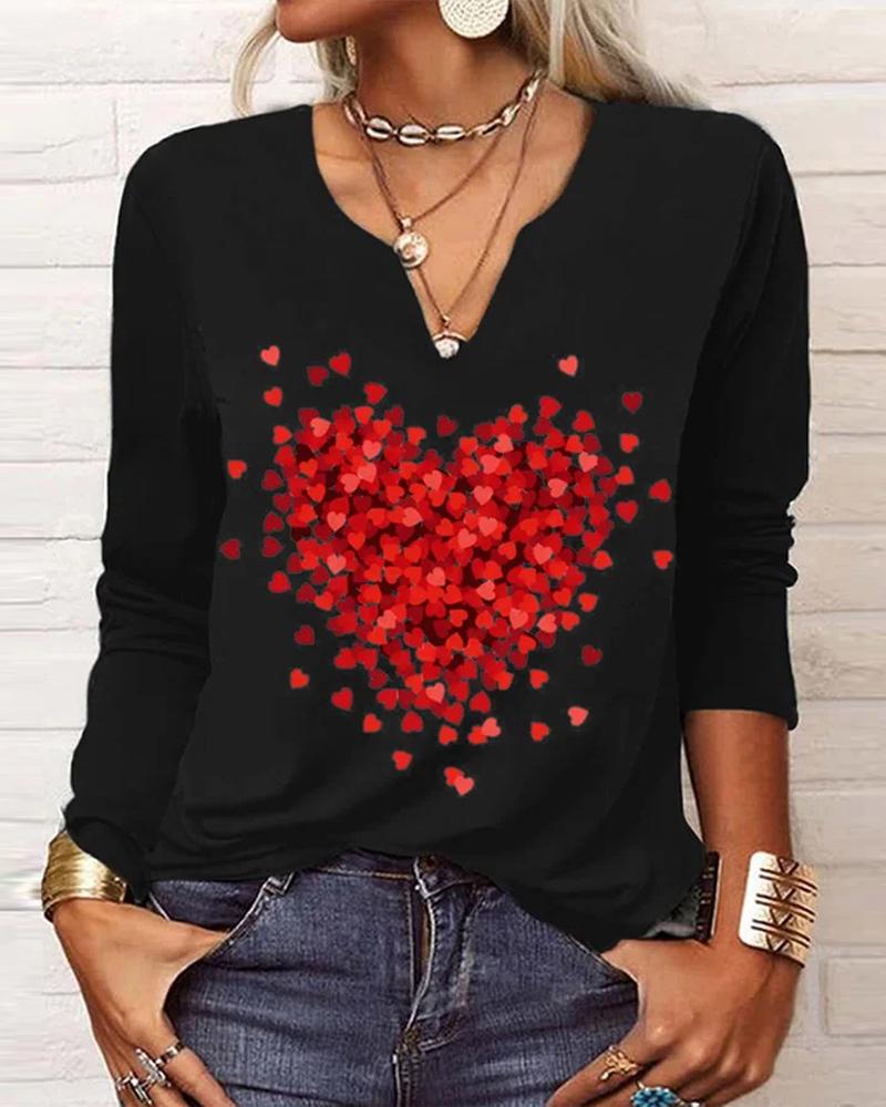 

Valentine' Day Heart Print Long Sleeve Top, Black