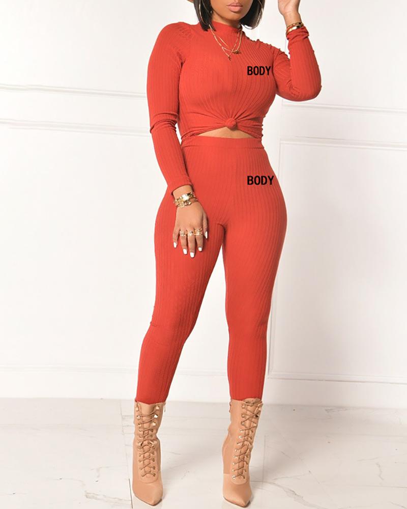 

Ribbed Letter Pattern Long Sleeve Top & High Waist Pants Set, Orange