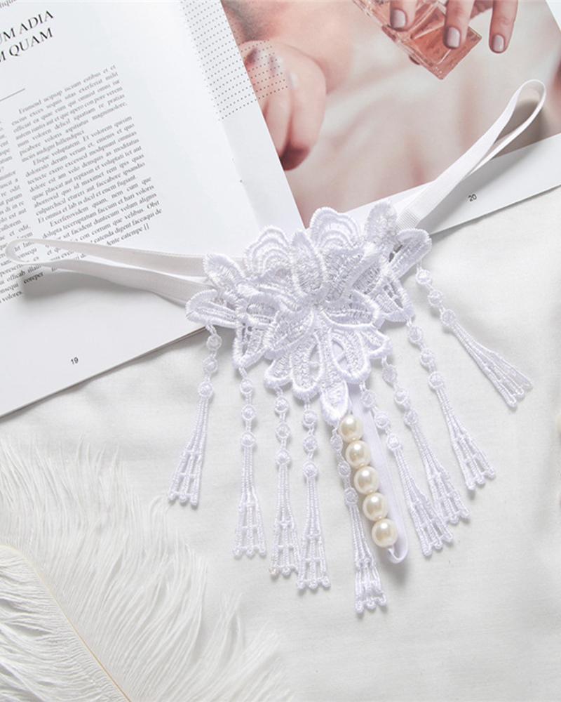 

Sexy Tassel Embroidery Skinny Low Waist Thong Panties, White