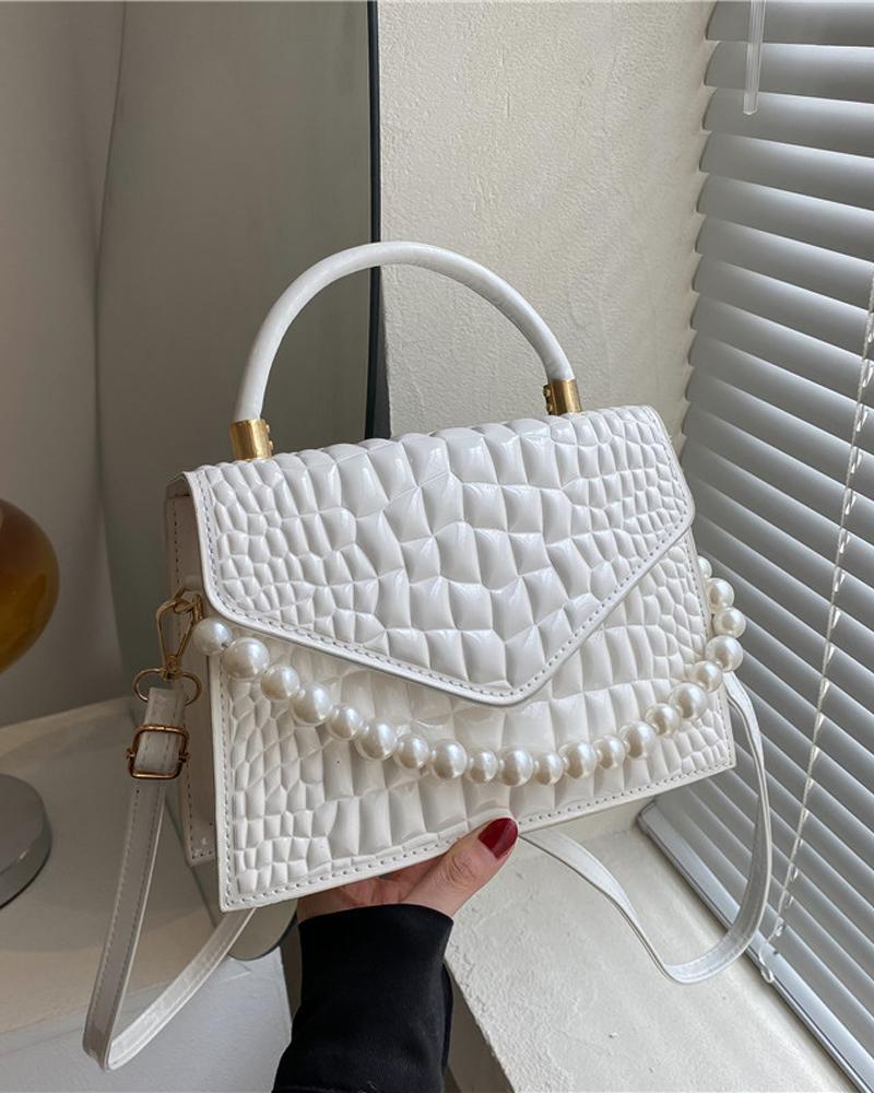 

Embossed Pearls Decor Flap Shoulder Bag With Handle, White