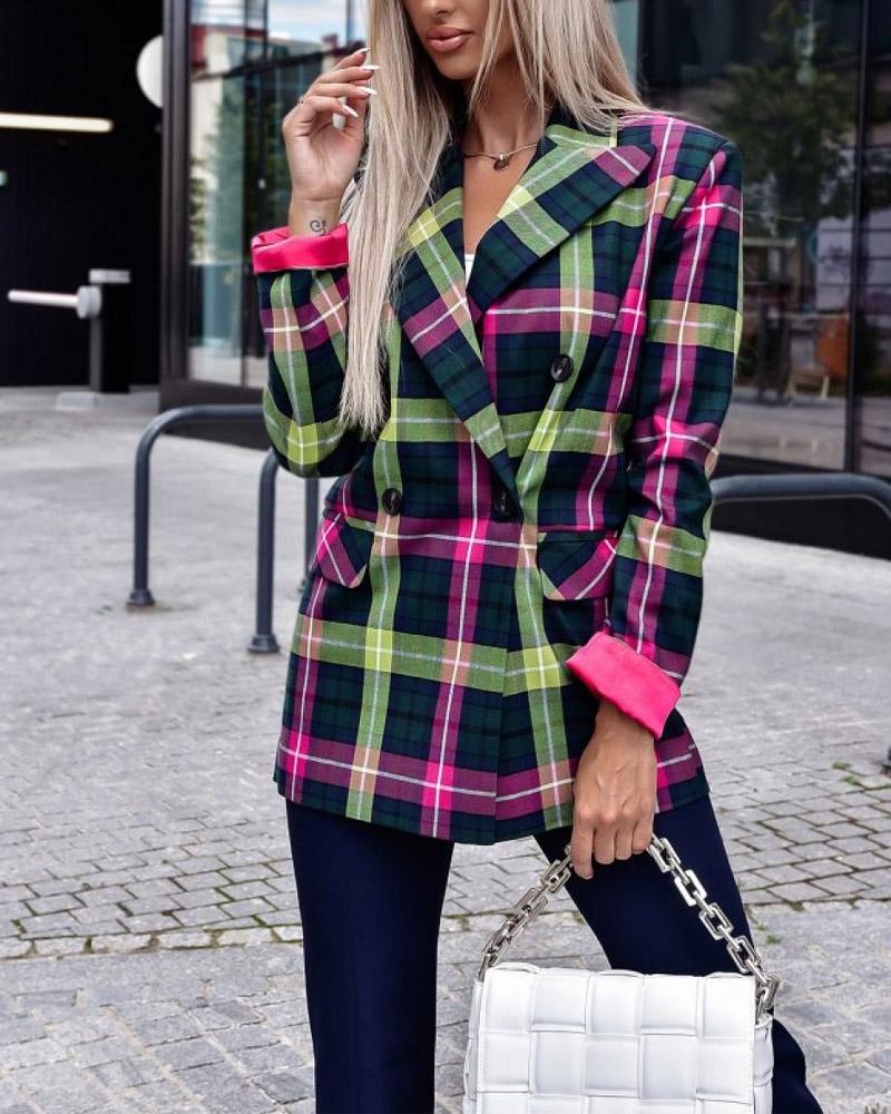 

Plaid Print Long Sleeve Double Breasted Blazer, Green