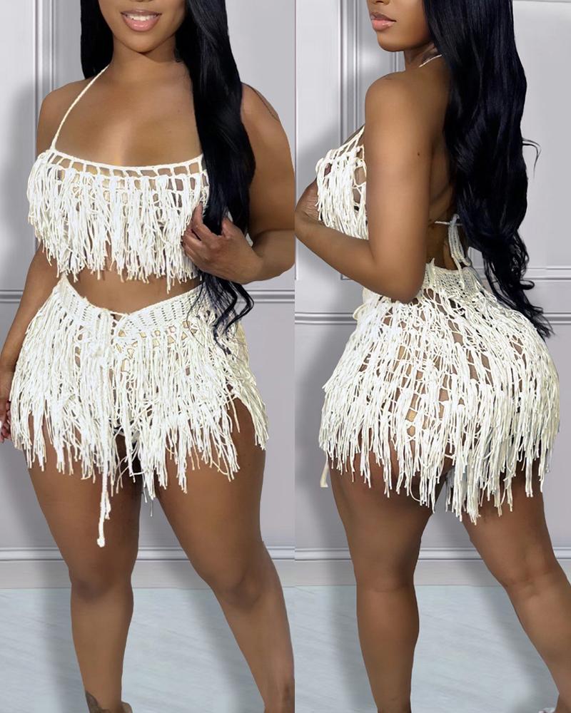 

Spaghetti Strap Crop Crochet Top & Tassel Design Shorts Set, White