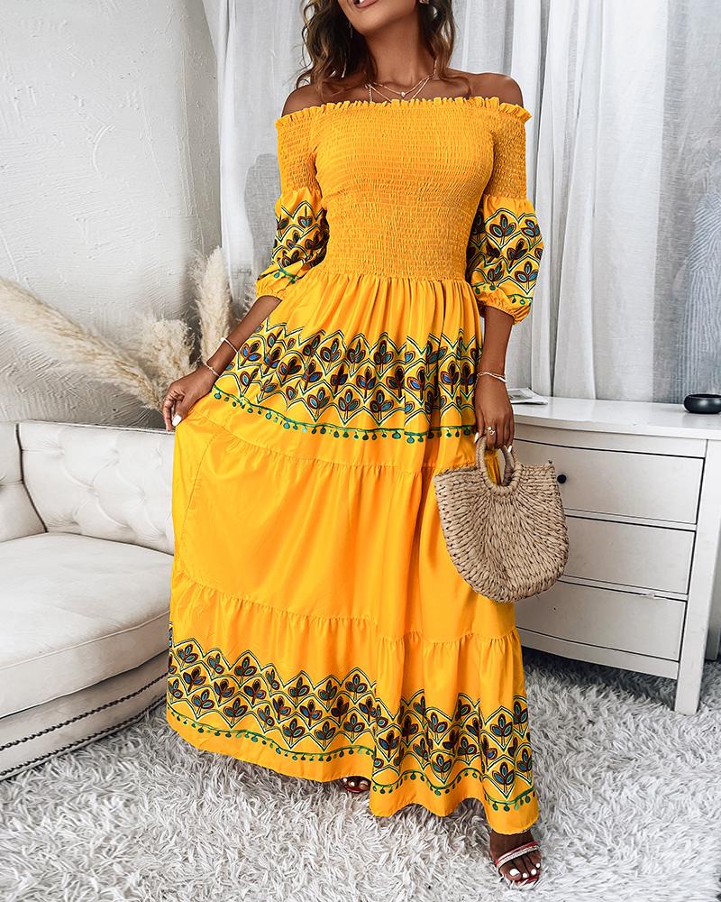 

Off Shoulder Lantern Sleeve Shirred Floral Print Dress, Yellow