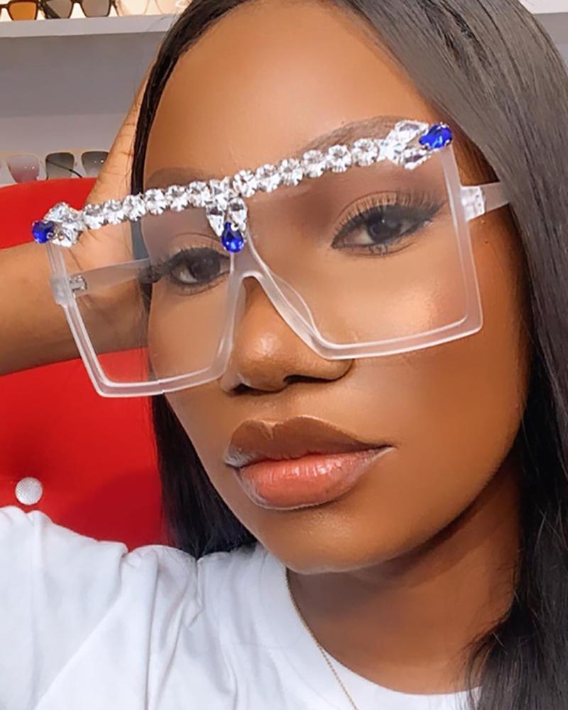

1Pair Flat Top Rhinestone Decor Square Frame Sunglasses, White