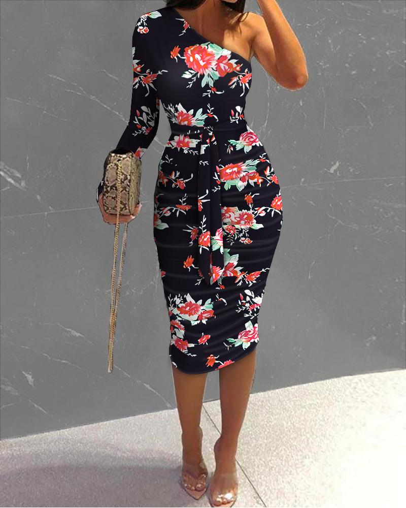 

Floral Print One Shoulder Ruched Bodycon Dress, Black