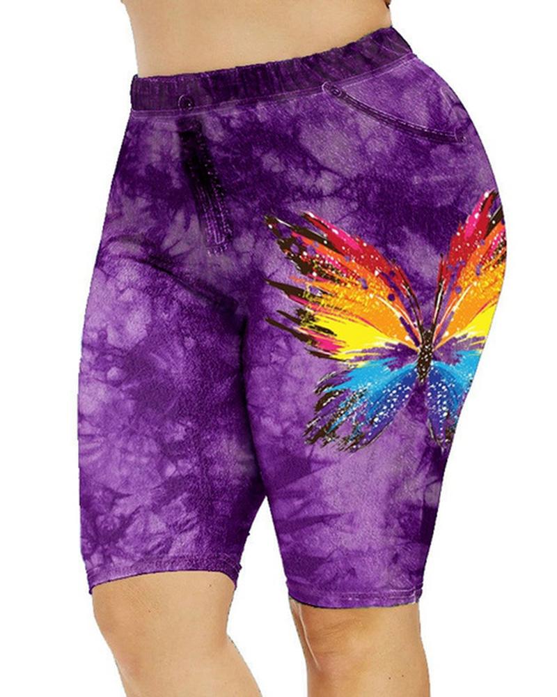 

Tie Dye Butterfly Print Sports Leggings Yoga Shorts, Purple