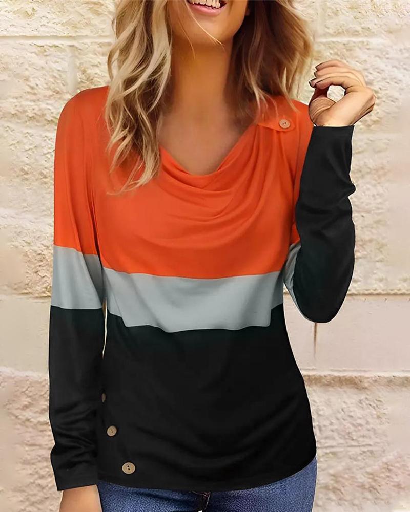 

Colorblock Cowl Neck Buttoned Top, Orange