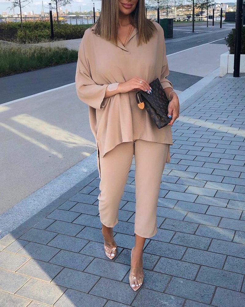 

Polo Neck Drop Shoulder High Low Split Hem Top & Pants Set, Khaki