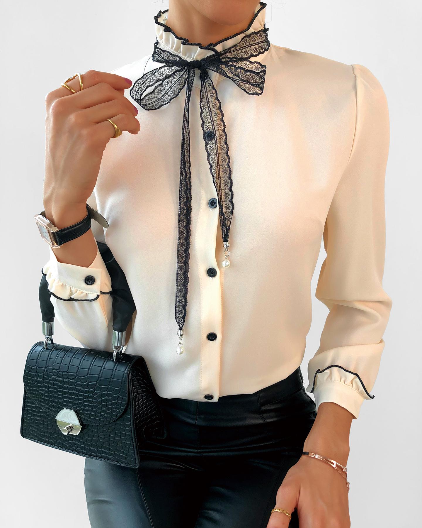 

Tie Detail Ruffles Hem Button Design Shirt, Apricot