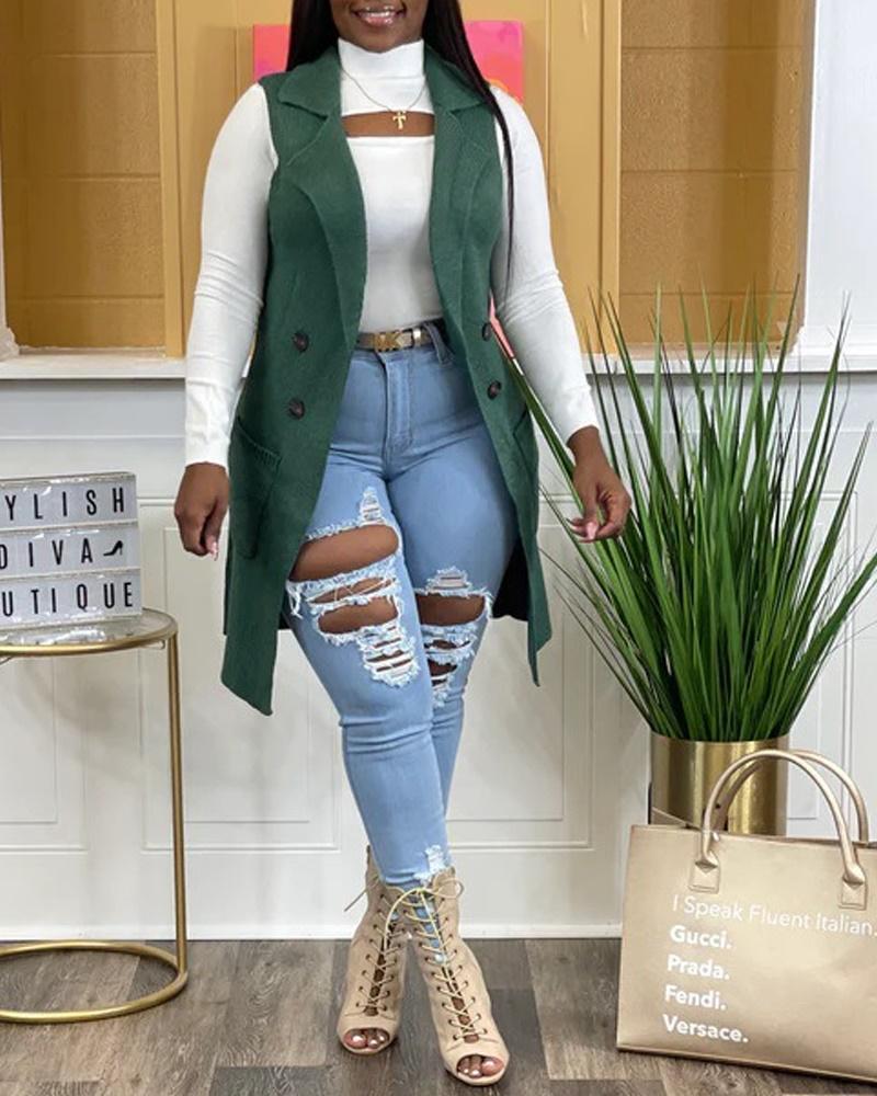 

Double Breasted Patch Pocket Cardigan Vest, Green