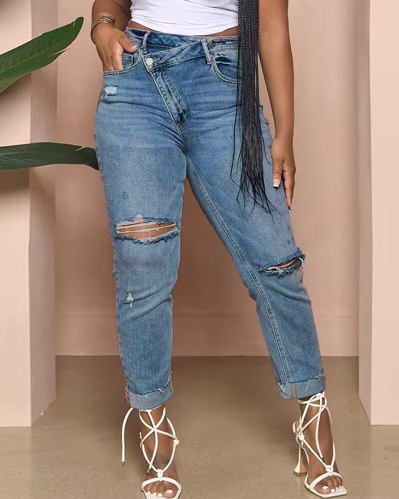 

Ripped Cutout High Waist Jeans, Lighted blue