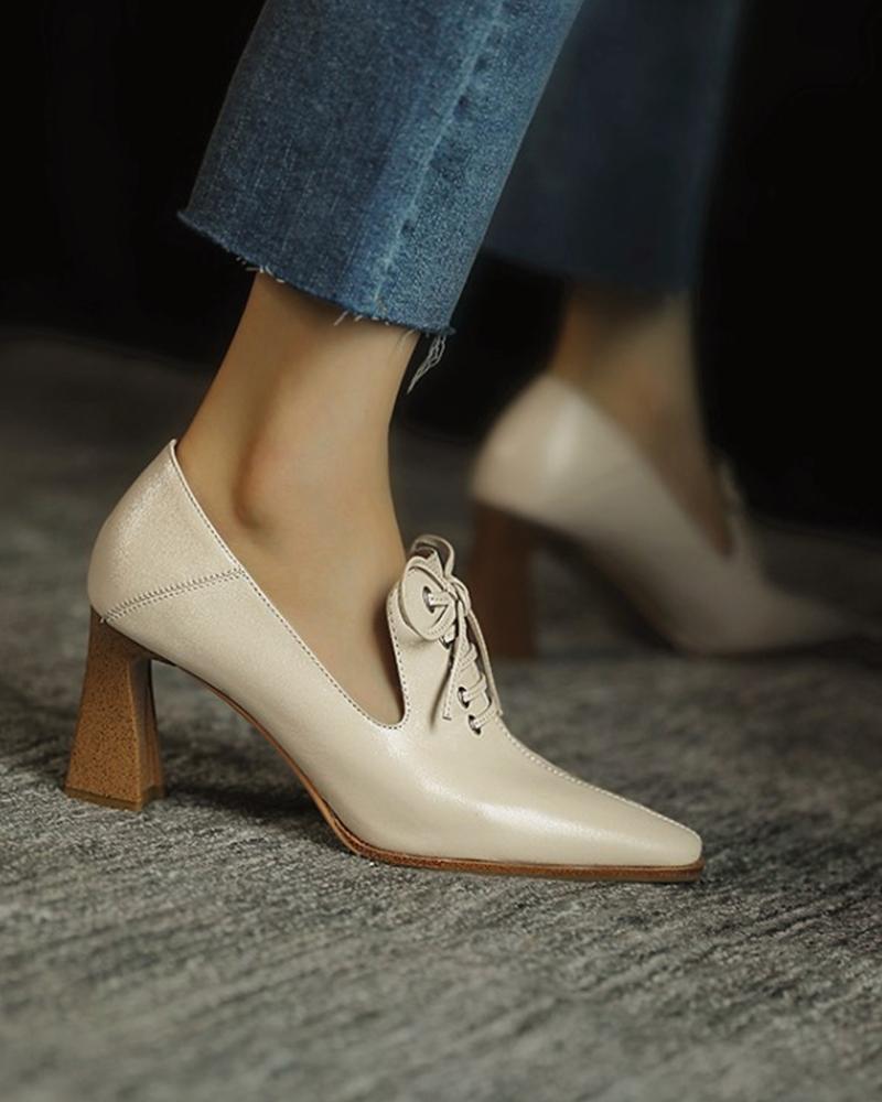 

Eyelet Strap Square Toe Chunky Heels, White