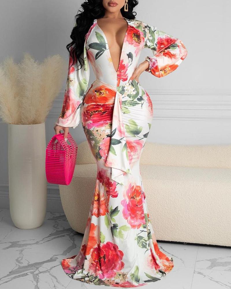 

Floral Print Long Sleeve Mermaid Maxi Dress, White