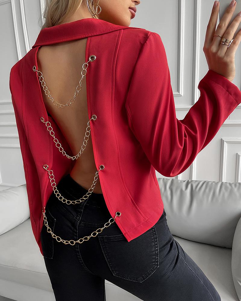 

Eyelet Chain Decor Buttoned Long Sleeve Coat, Red