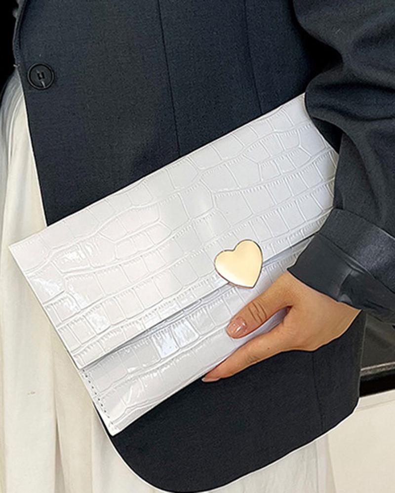 

Crocodile Heart Magnet Flap Clutch Bag, White
