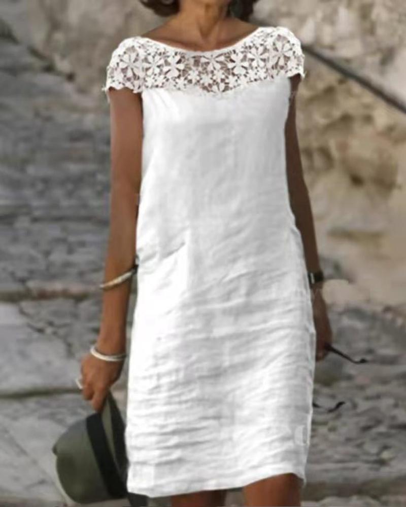 

Plain Contrast Lace Casual Dress, White